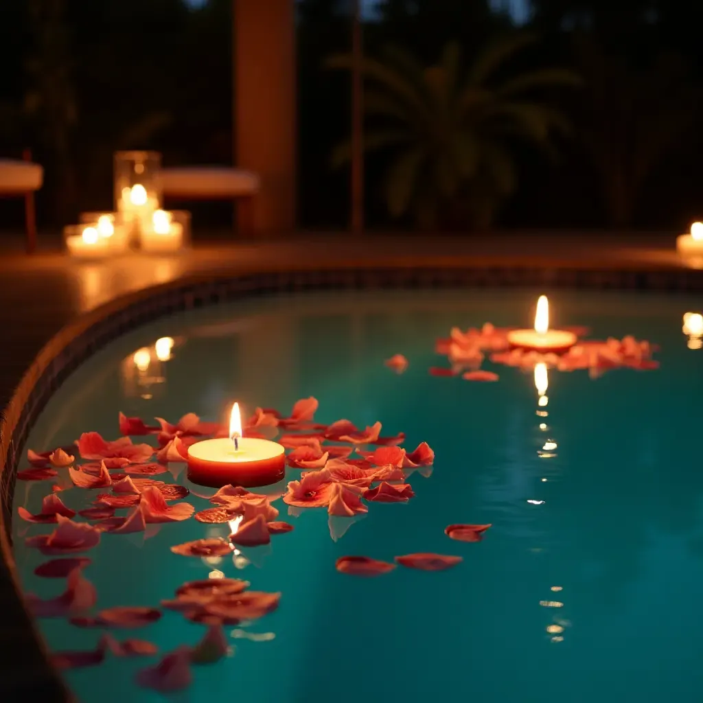 a photo of a pool area with floating candles and flower petals at night