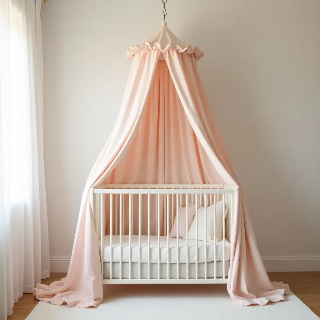 a photo of a cozy nursery with a soft pastel canopy above a crib