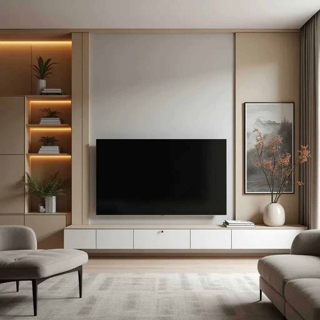 a photo of a contemporary living room with a TV surrounded by elegant wall art