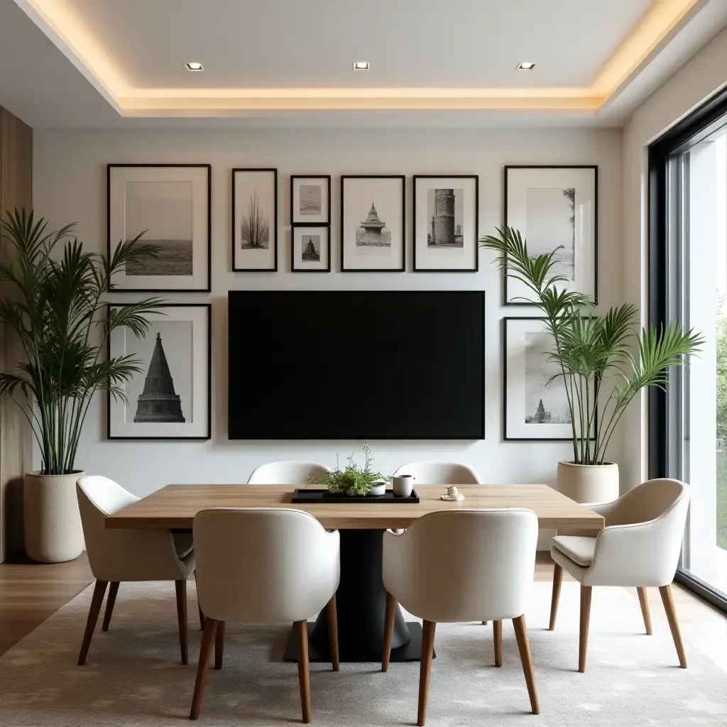 a photo of a dining room with a large TV seamlessly blending into a gallery wall