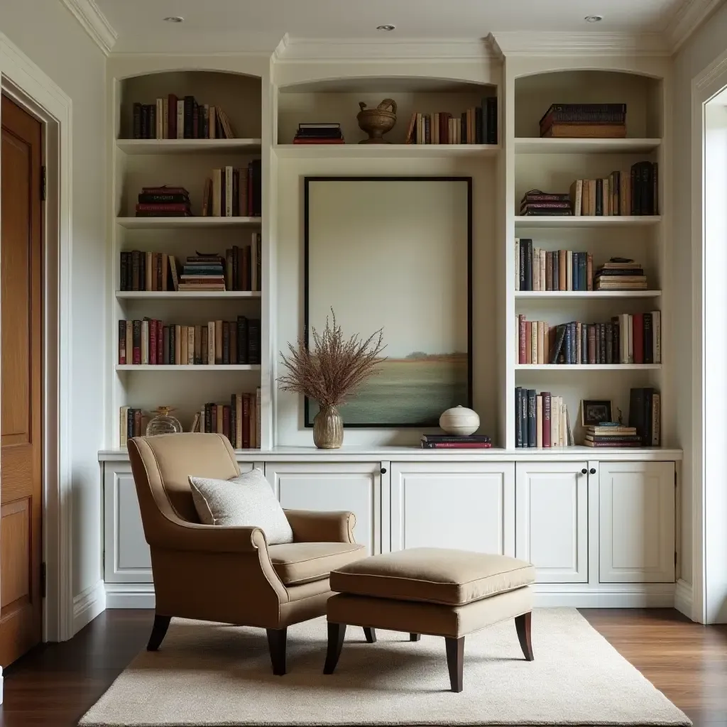 a photo of a built-in bookcase with a cozy reading chair and ottoman