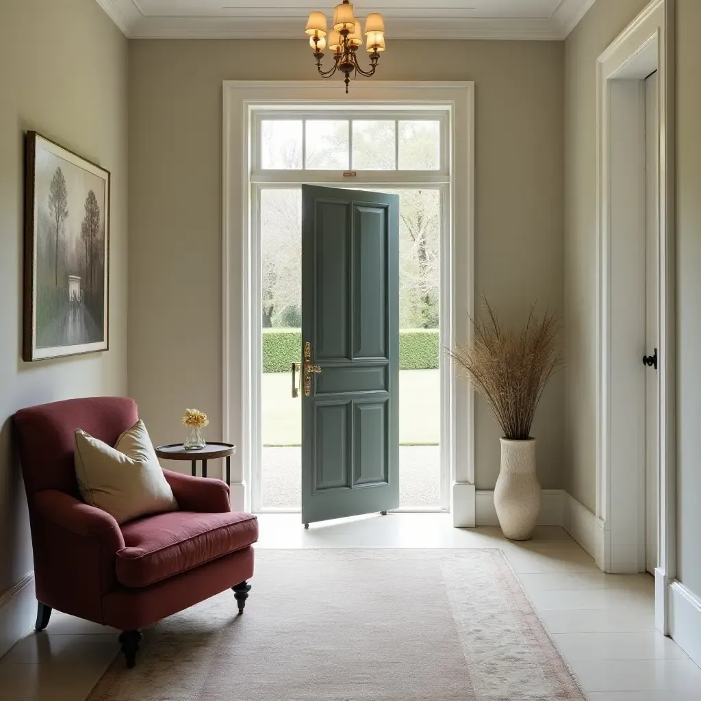 a photo of a formal entrance hall with silk throw pillows on a classic armchair