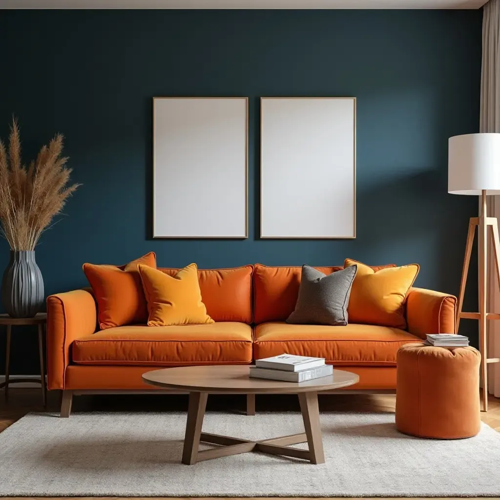 a photo of a cozy orange and navy living room with plush sofas