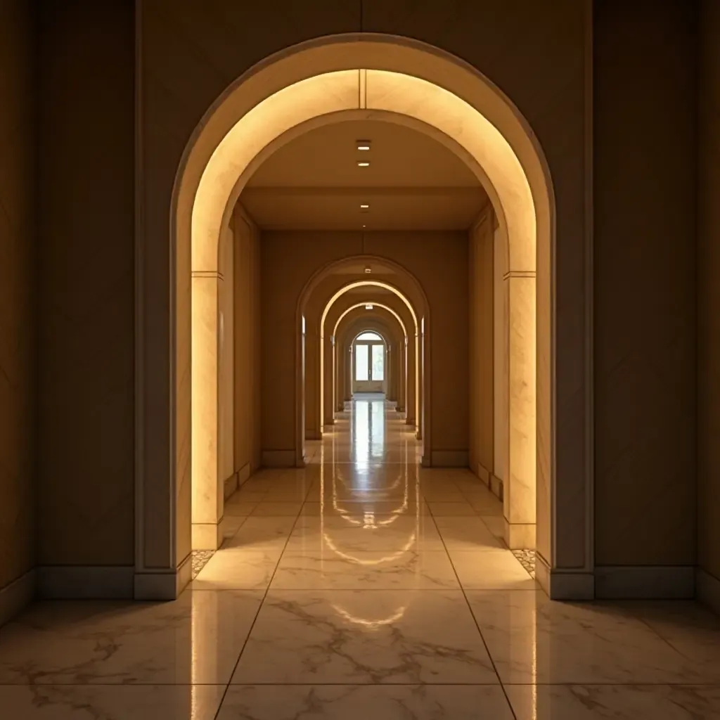 a photo of an entrance hall with a lighted archway creating an inviting entrance