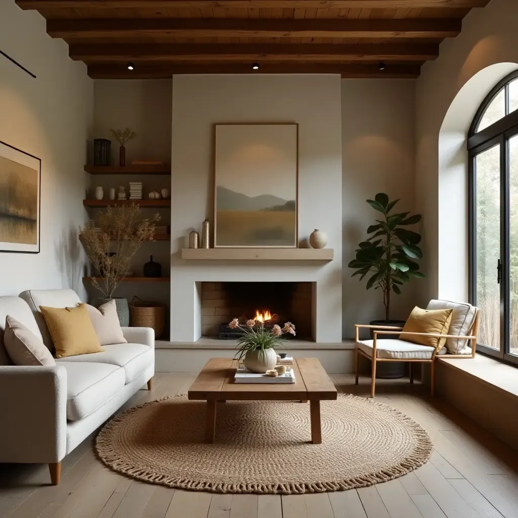 a photo of a rustic living room with a wooden coffee table and earthy tones