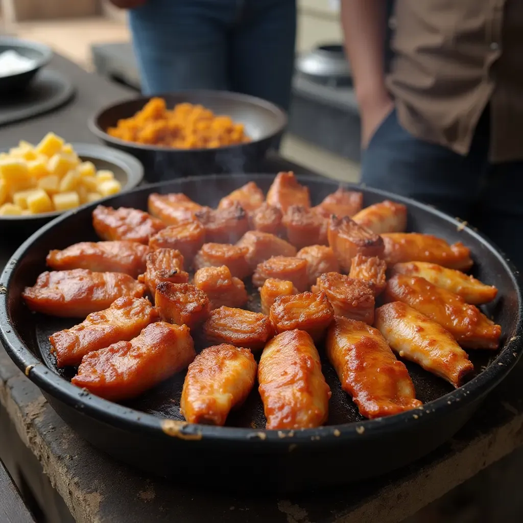 a photo of Michoacán carnitas, golden crispy pork, rustic outdoor kitchen, traditional preparation.