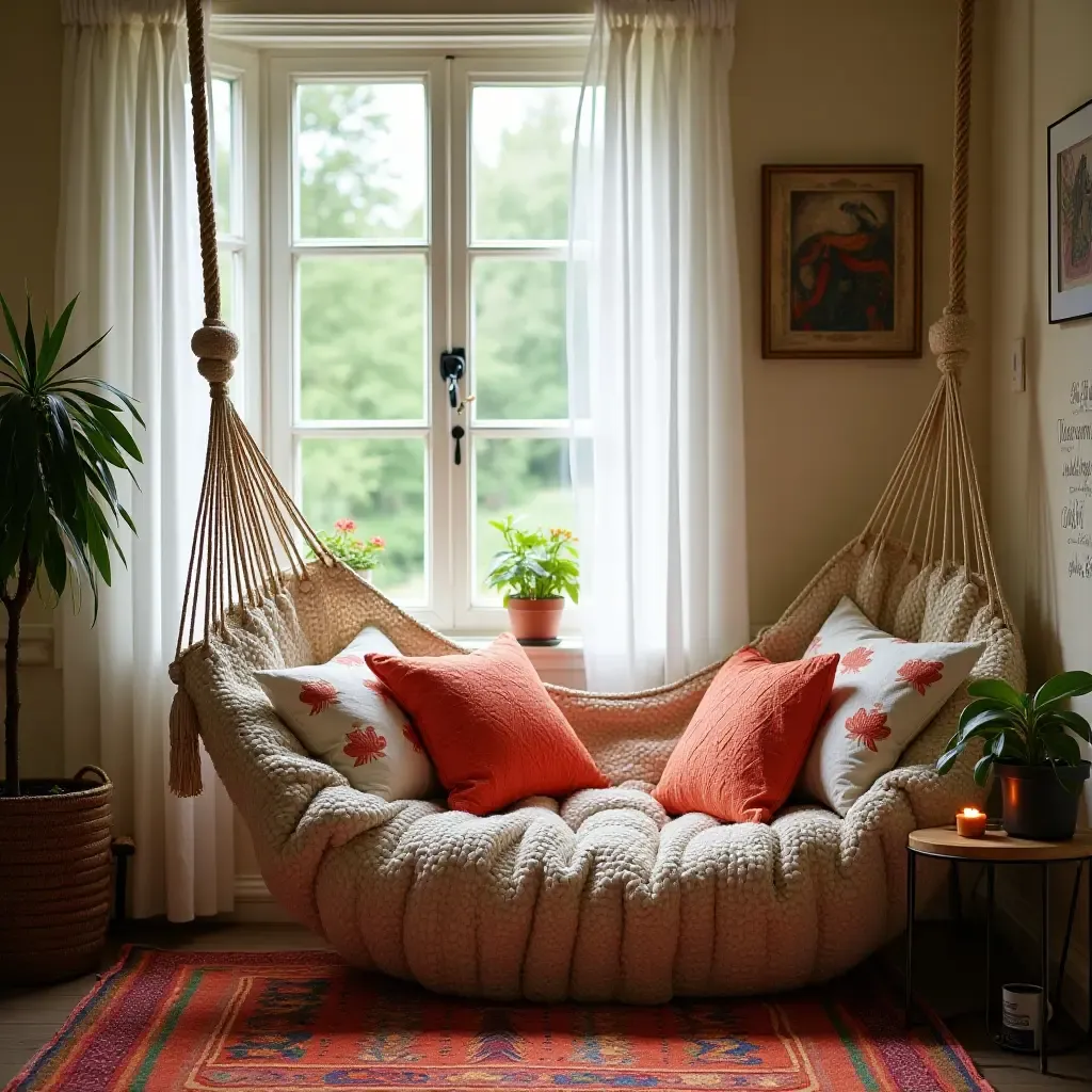 a photo of a cozy reading nook with a hammock and colorful pillows