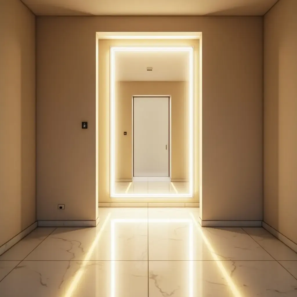 a photo of a mirror reflecting light in a bright entrance hall