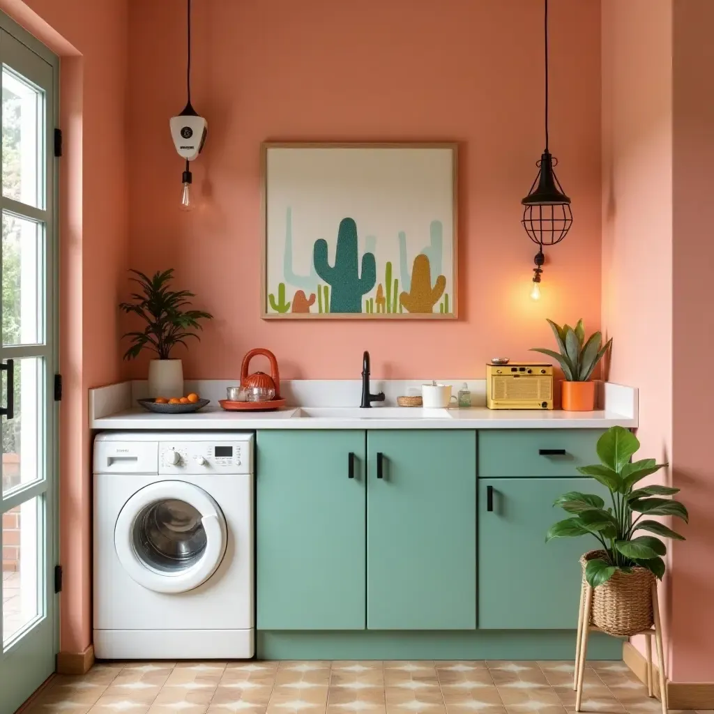 a photo of a small kitchen with a vibrant color palette and creative wall art