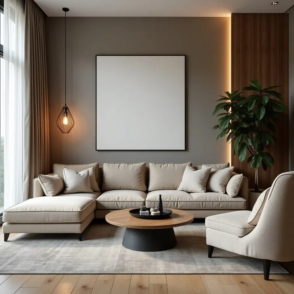 a photo of a living room with a mix of neutral tones and industrial textures