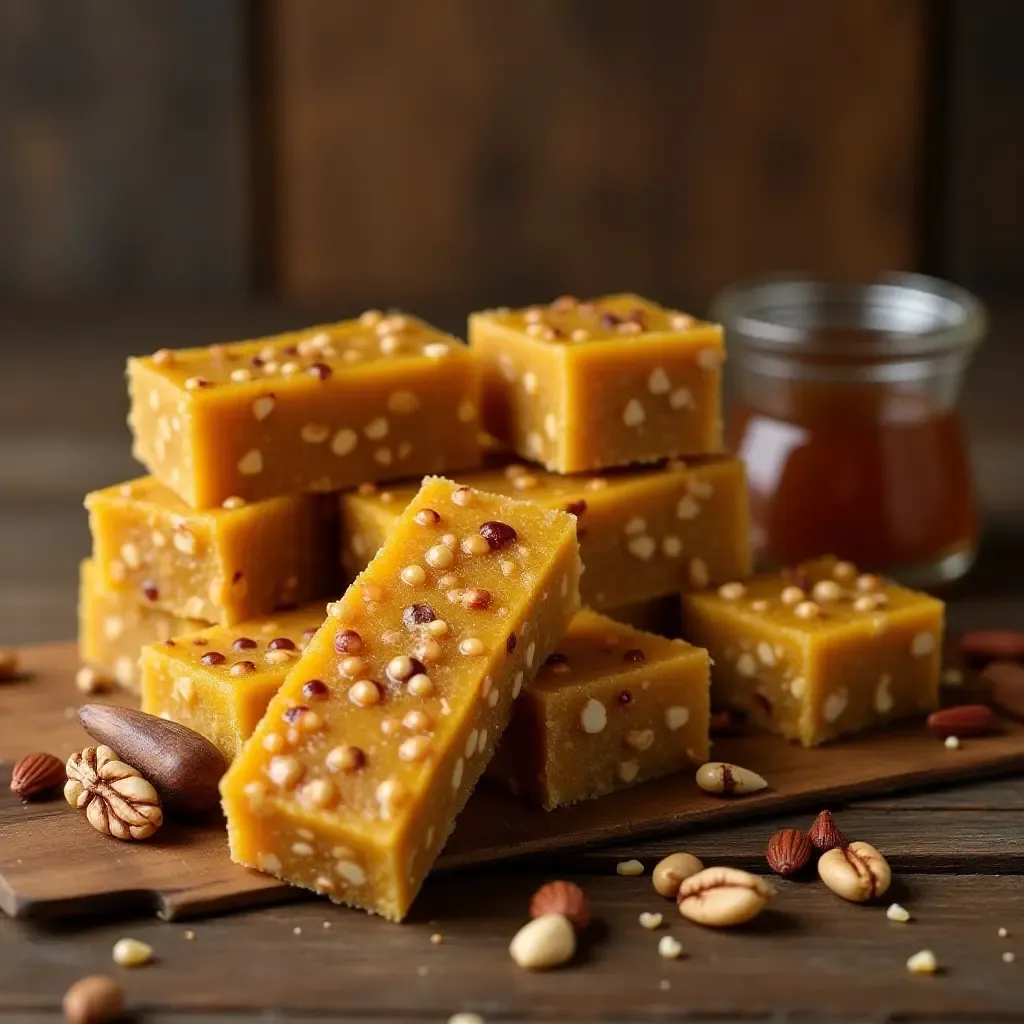 a photo of alegrías, traditional Mexican amaranth bars with honey and nuts, displayed on a rustic wooden table.