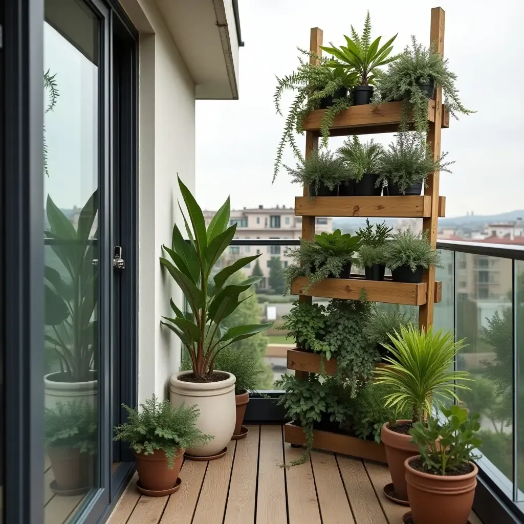 a photo of a balcony featuring a stylish plant ladder with greenery