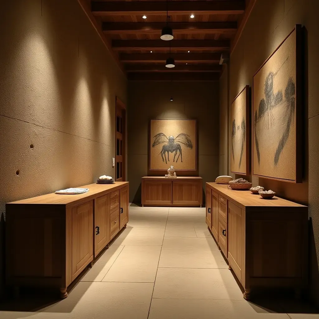 a photo of a rustic corridor with wooden boxes and wall art