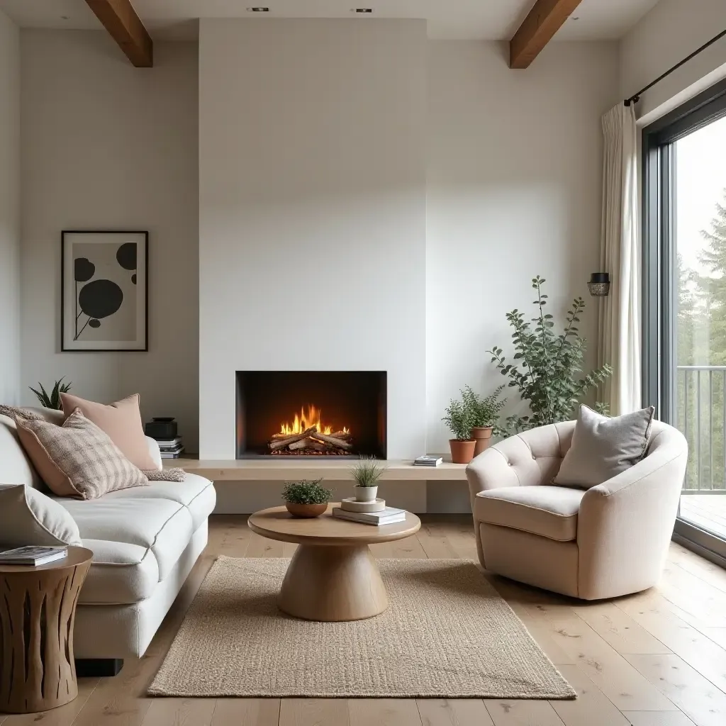 a photo of a spacious Scandinavian-inspired living room with a warm fireplace and natural elements