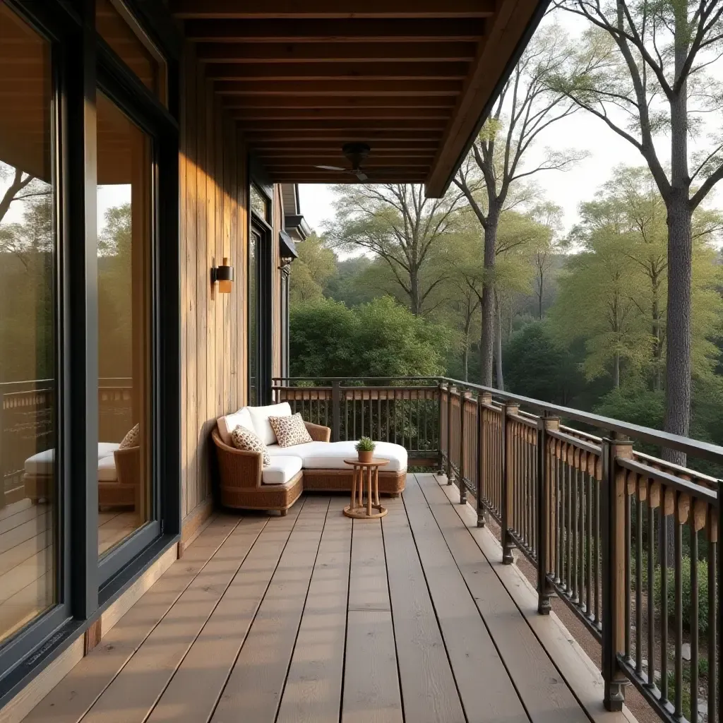 a photo of a rustic balcony with metallic accents and wooden furniture