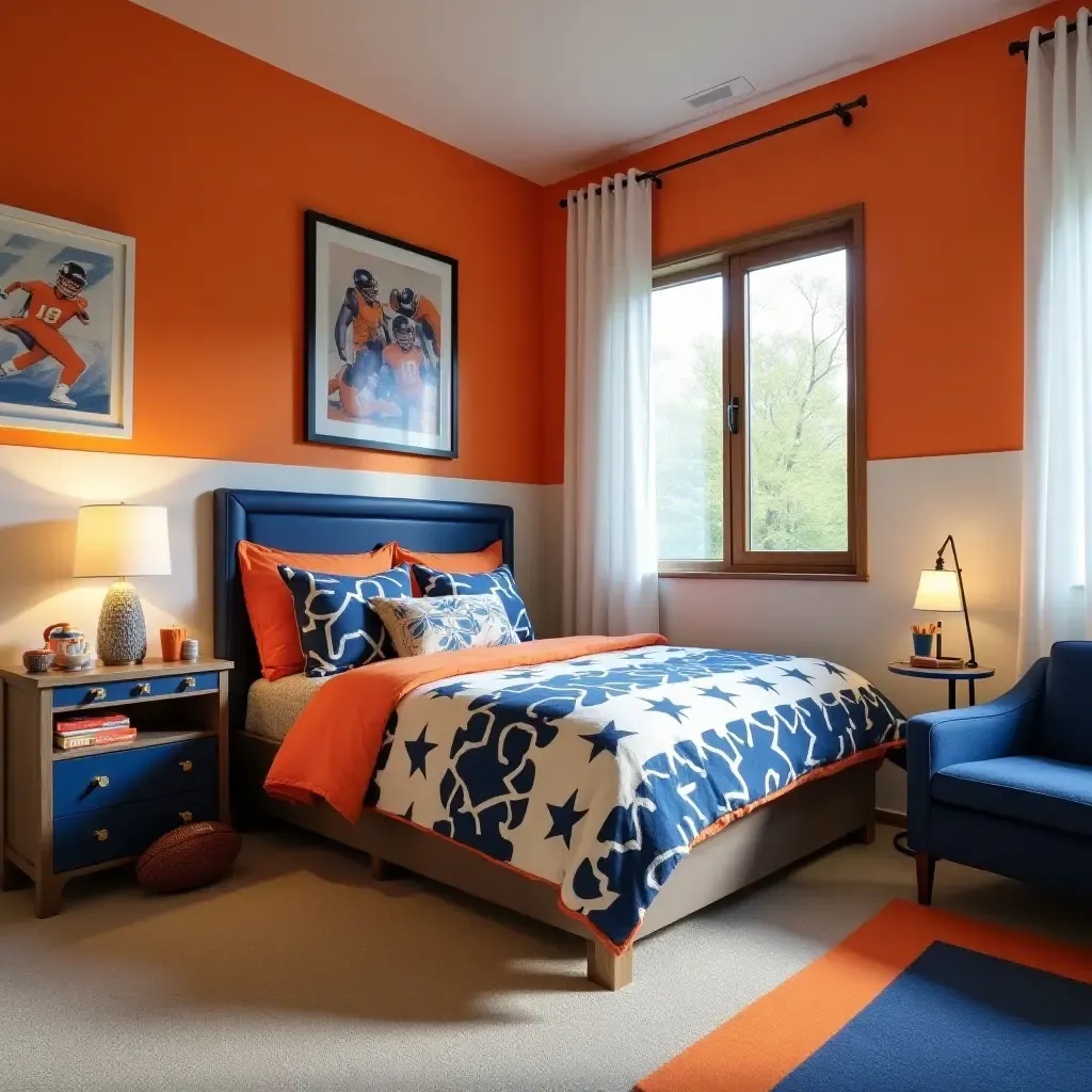 a photo of a bright orange and blue sports-themed bedroom