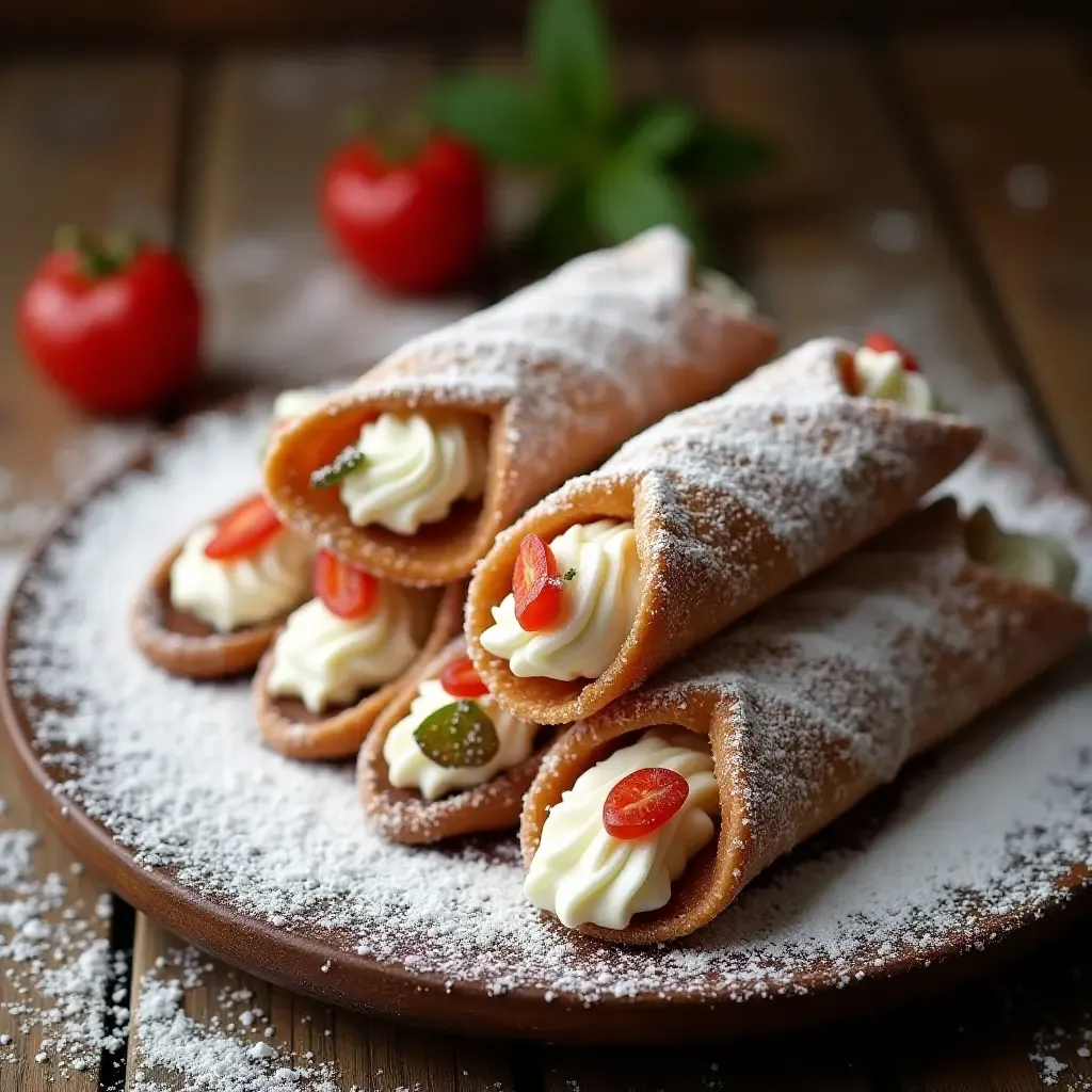 a photo of colorful cannoli with ricotta filling, dusted with powdered sugar on a rustic Italian table.