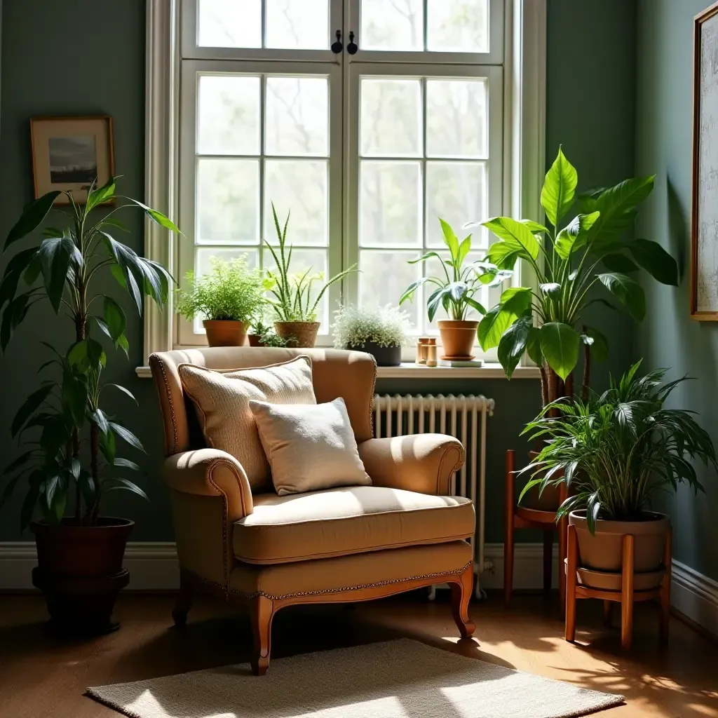 a photo of a vintage armchair surrounded by indoor plants for a reading nook