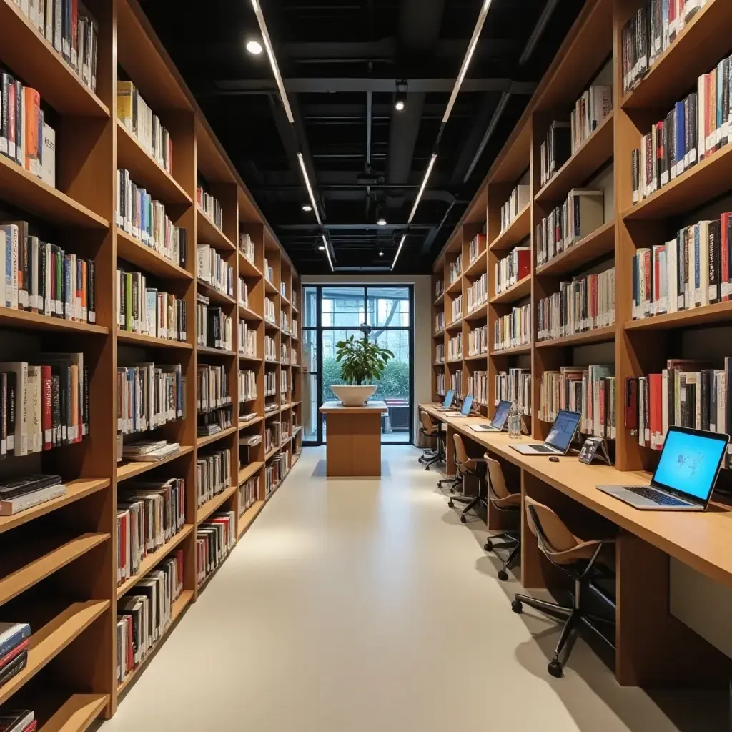 a photo of a library with a blend of technology and traditional bookshelves