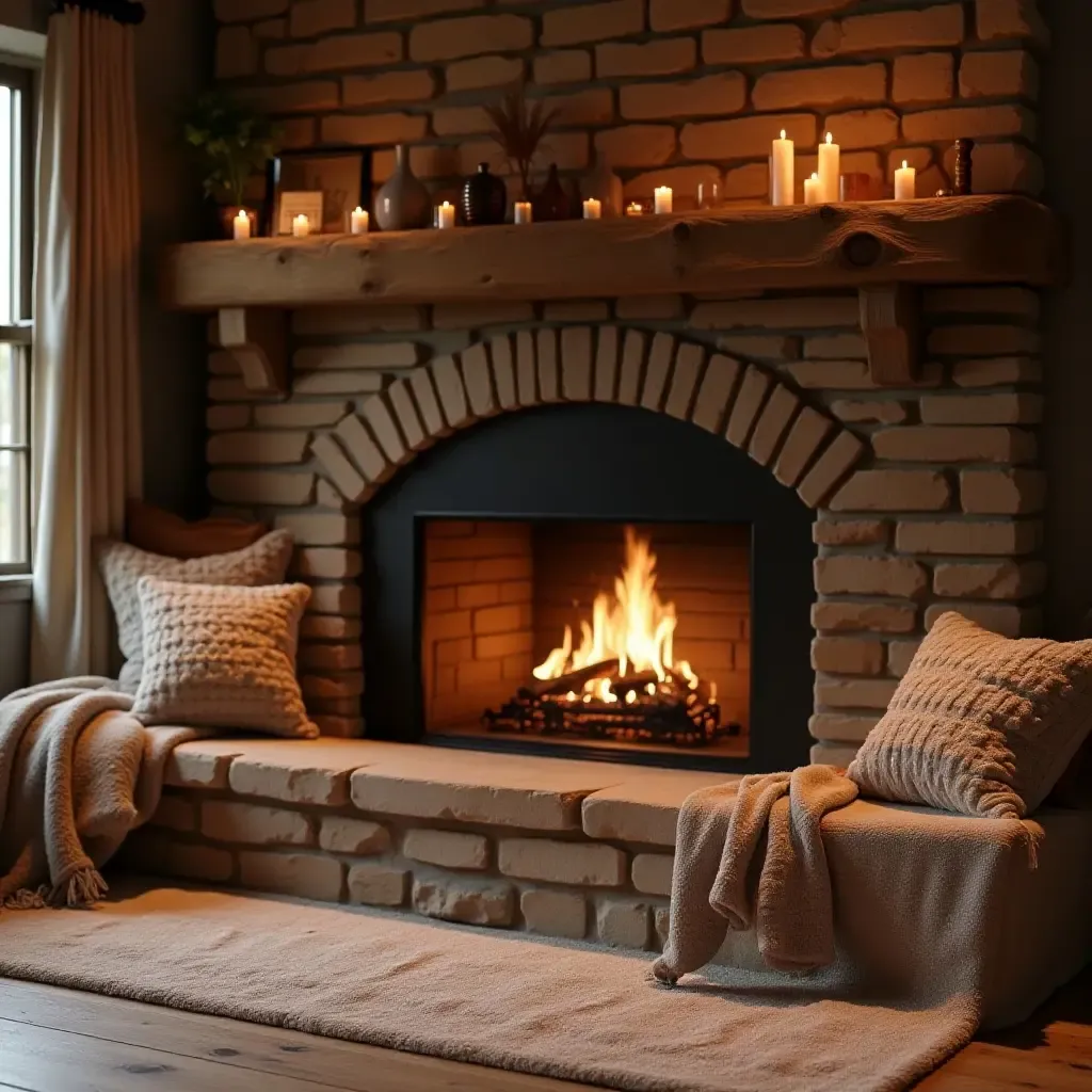 a photo of a cozy basement fireplace area with warm throw pillows on a rug