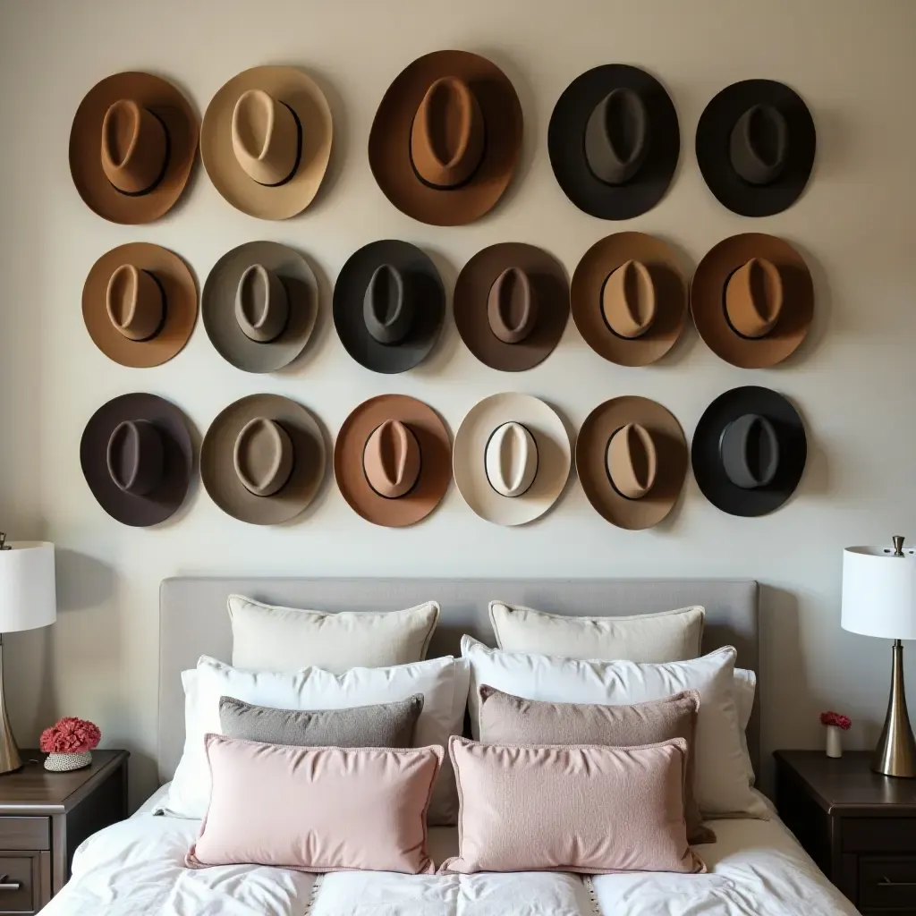 a photo of a collection of hats displayed above a bed