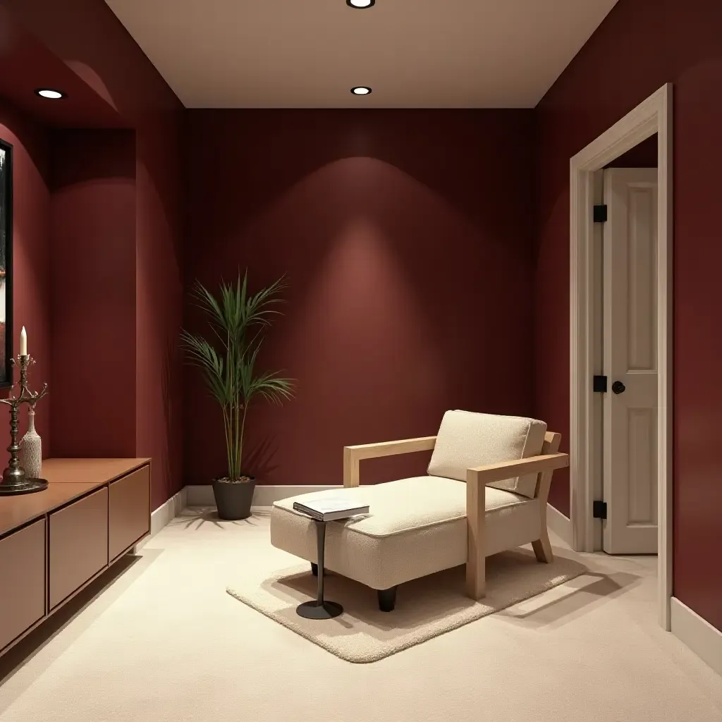 a photo of a basement featuring rich burgundy and soft cream accents