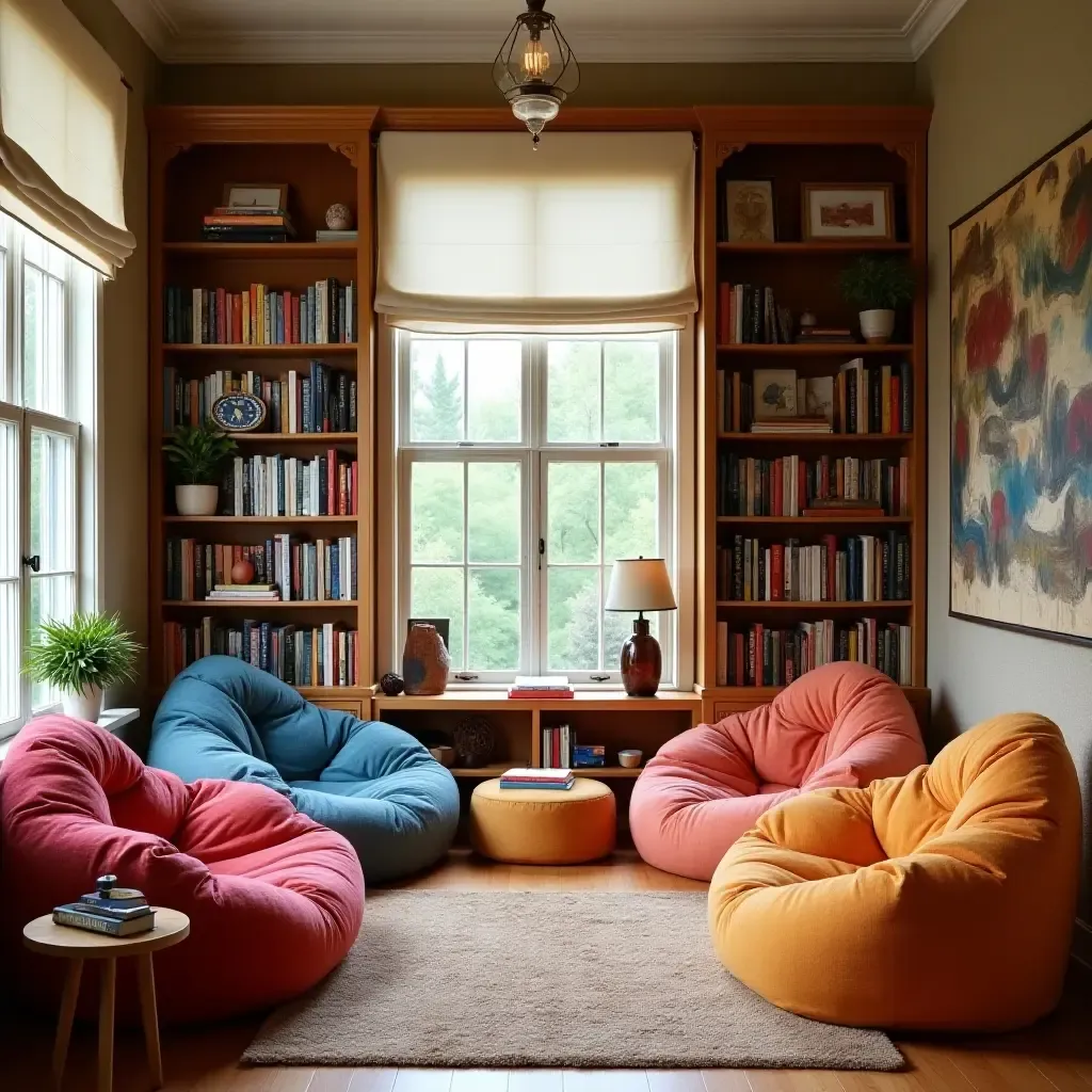 a photo of a cozy reading nook with colorful bean bags and bookshelves