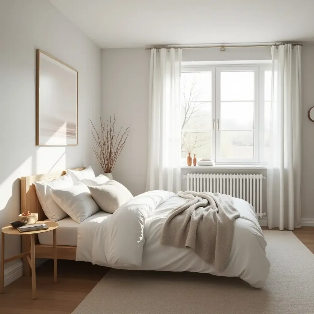 a photo of a peaceful Scandinavian bedroom with a focus on natural light and simplicity