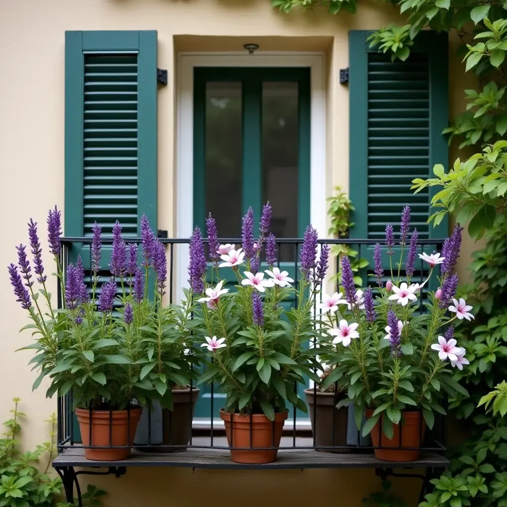 a photo of a balcony surrounded by fragrant jasmine and lavender plants