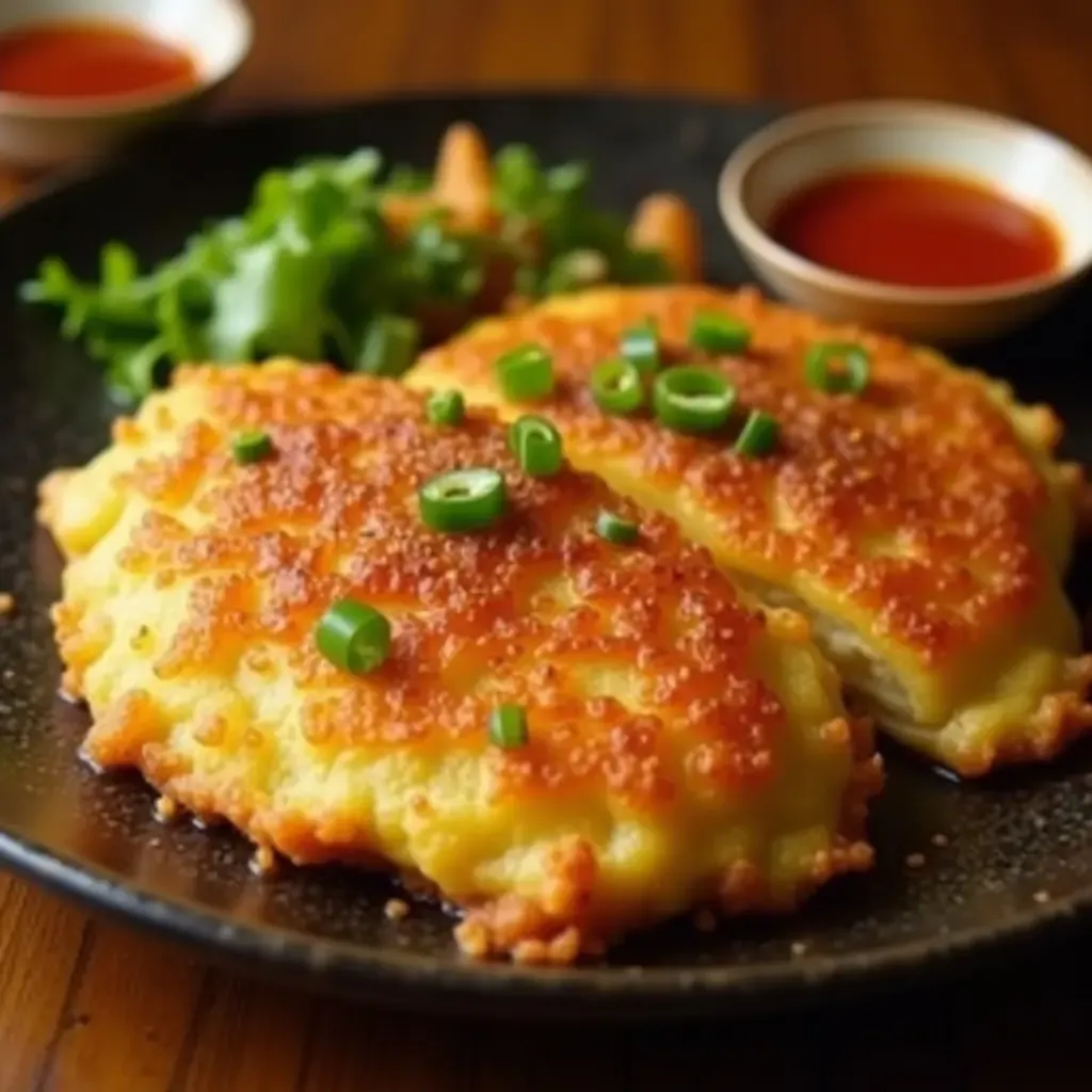 a photo of Hoy Tod, crispy oyster omelette with a golden crust, served with spicy sauce.