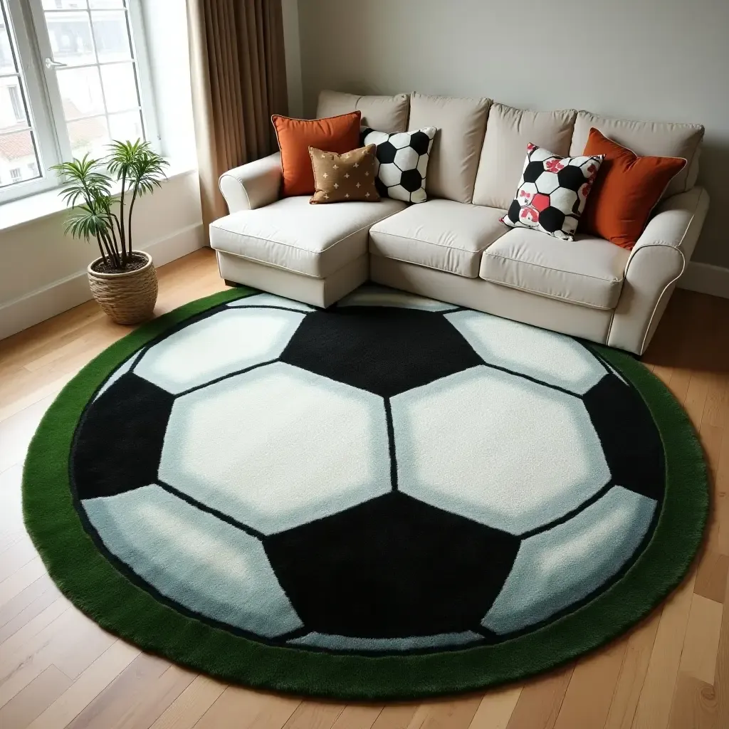 a photo of a rug shaped like a giant soccer ball for sports lovers