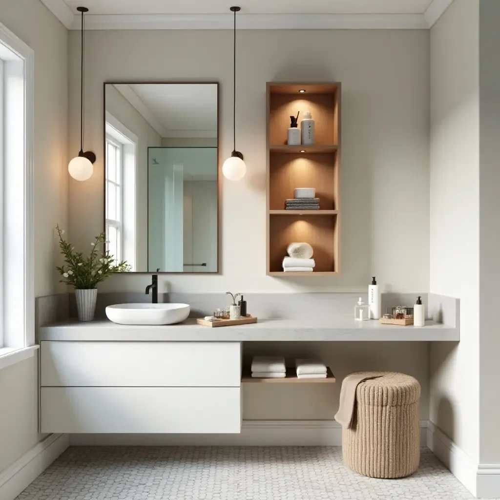 a photo of a functional and inviting vanity area with ample storage solutions