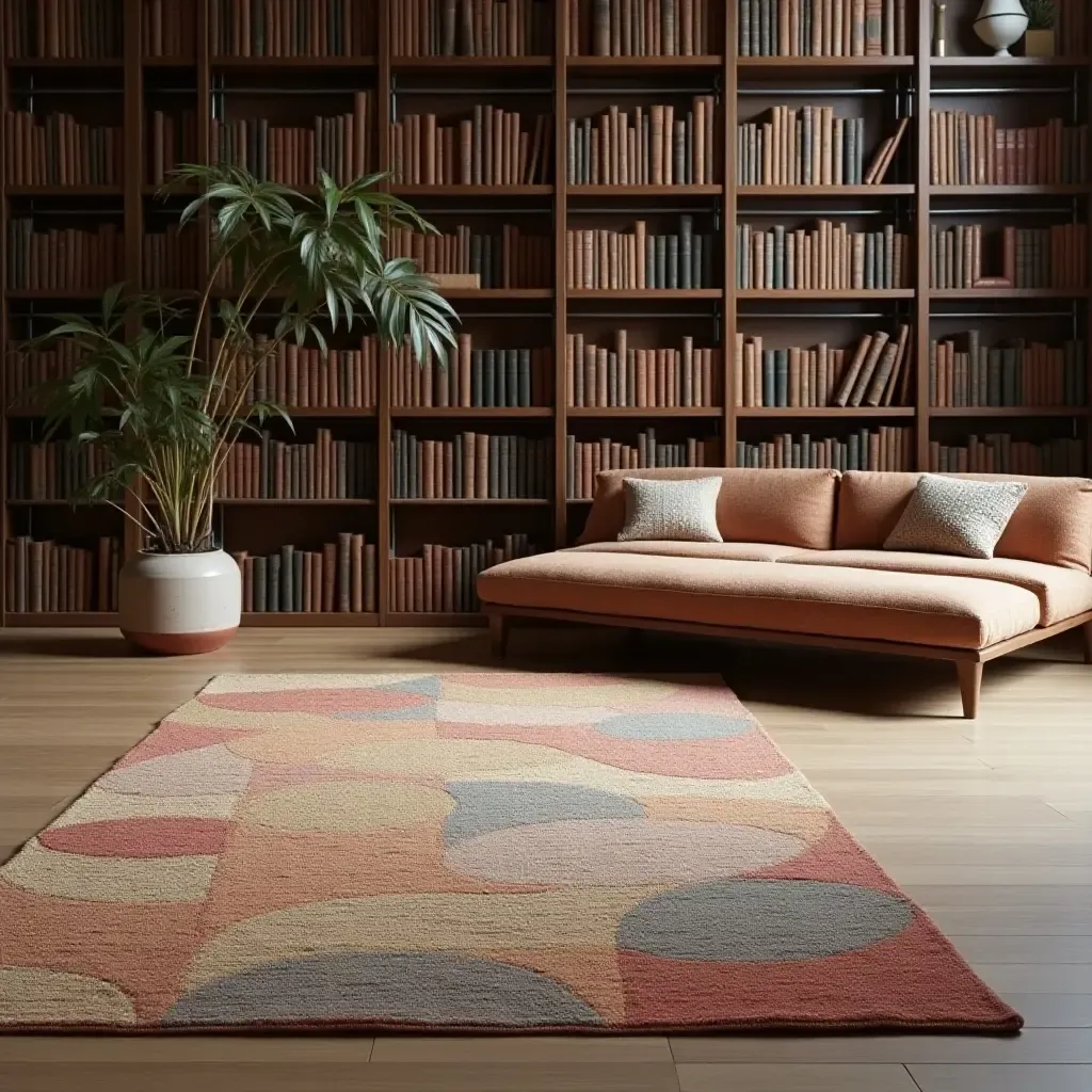 a photo of a layered rug setup with various textures in a library