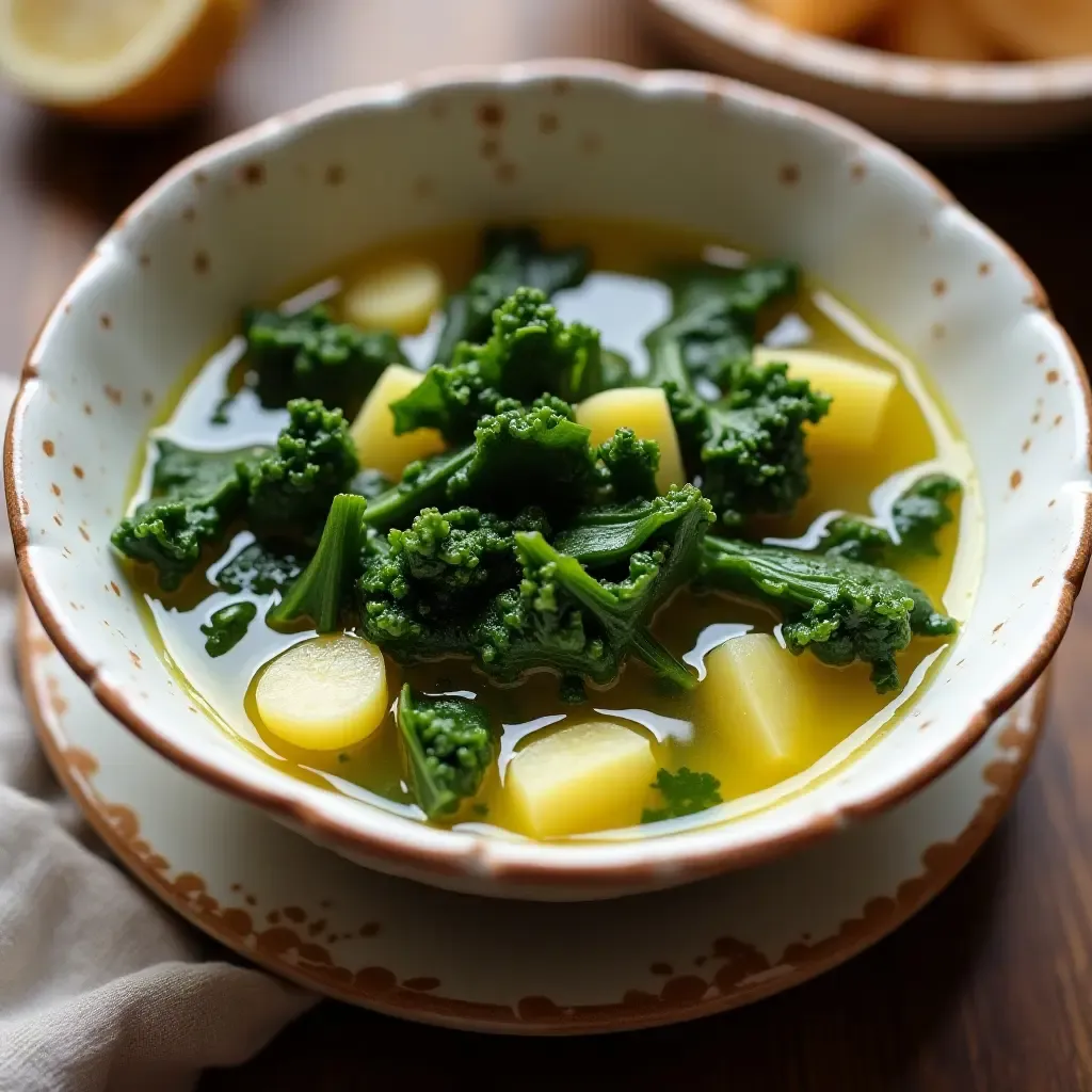 a photo of a traditional Portuguese caldo verde soup with kale, potatoes, and olive oil.