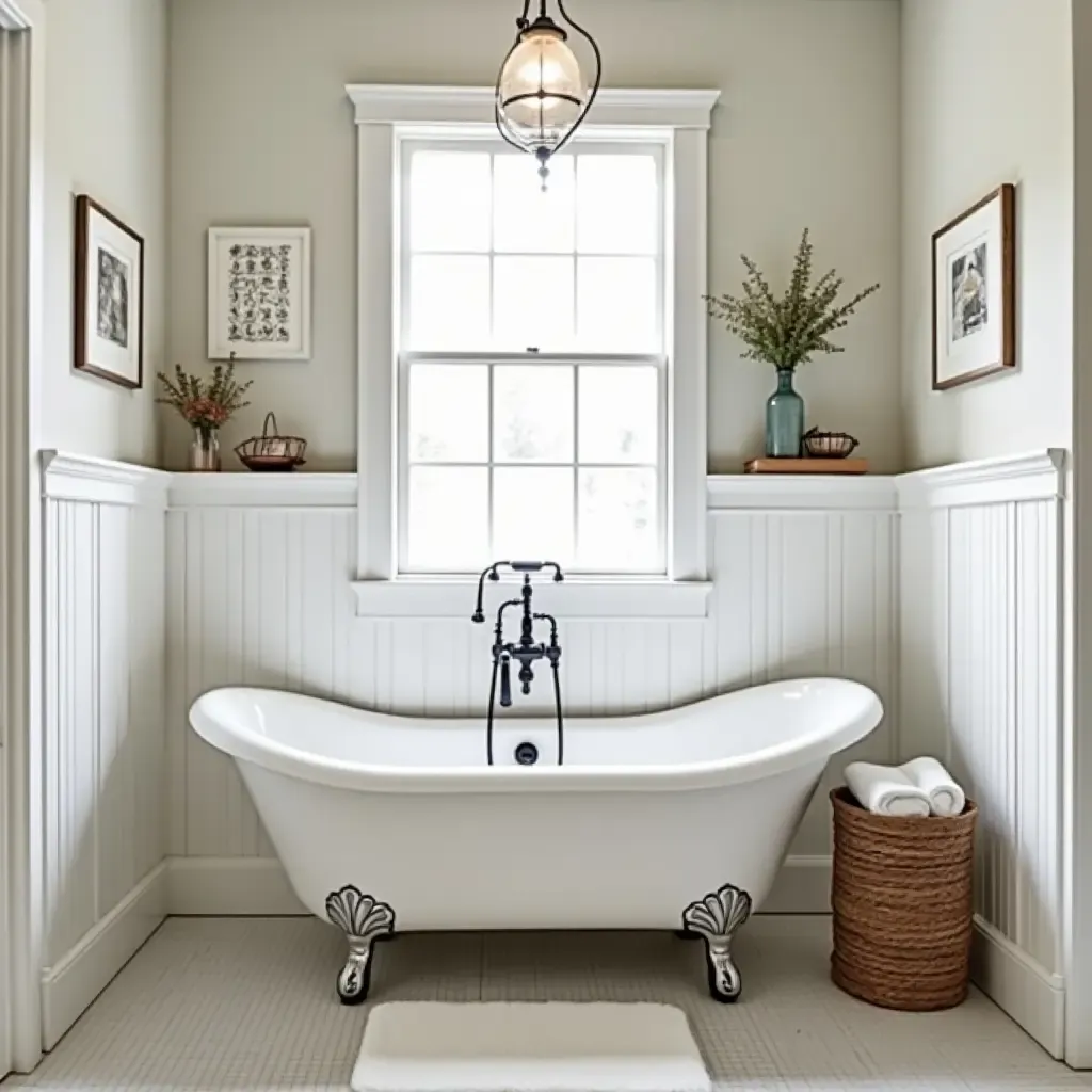 a photo of a bathroom with a vintage-inspired bathtub and farmhouse decor