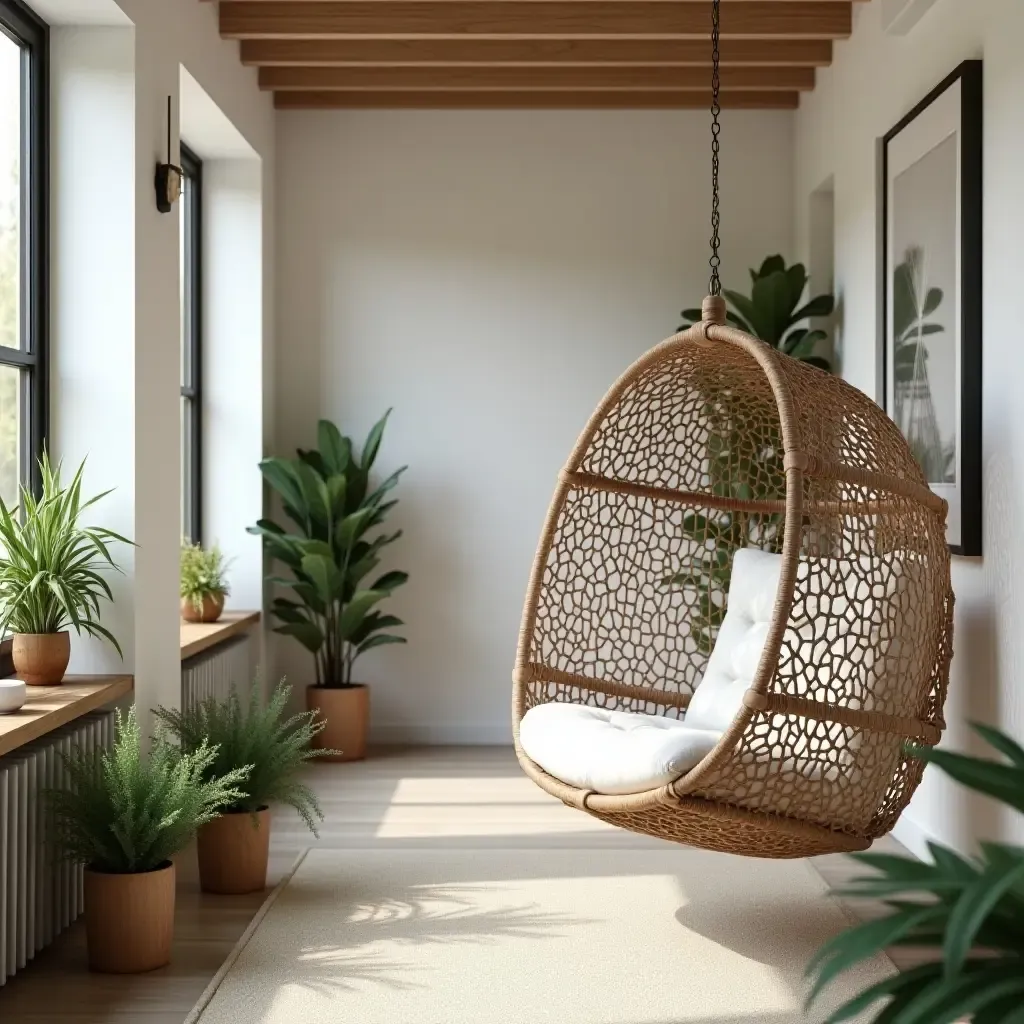 a photo of a stylish corridor with a hanging chair and plants