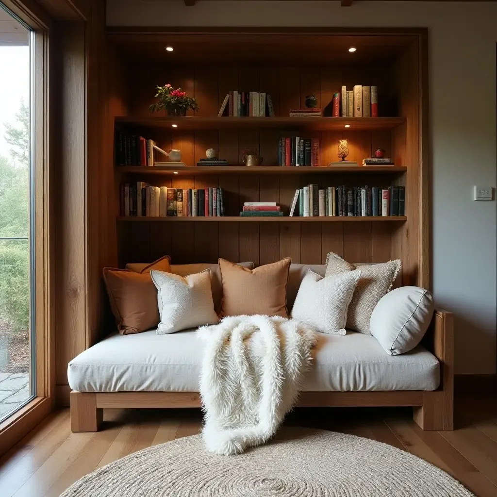 a photo of a cozy reading nook with plush cushions and a rustic bookshelf