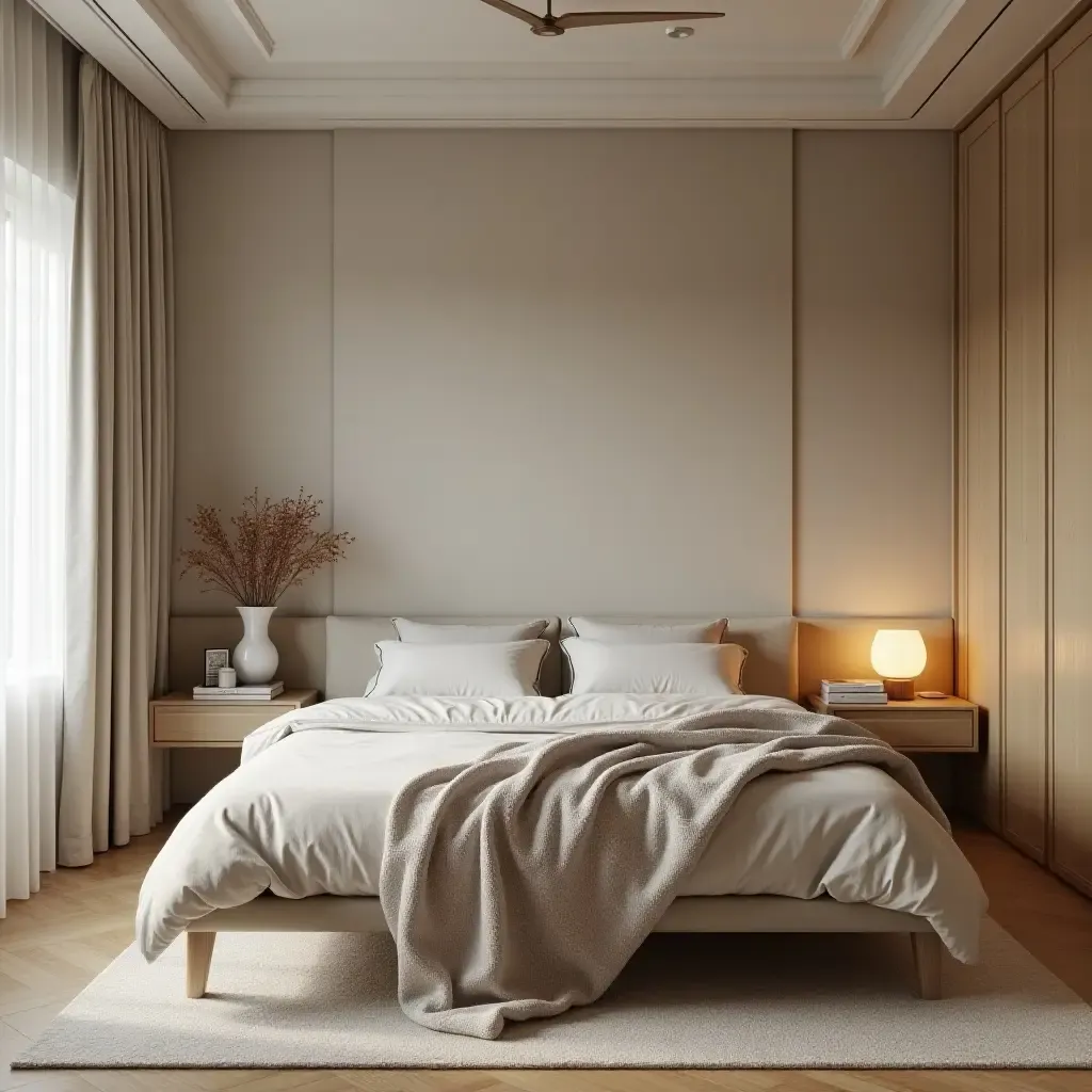 a photo of a cozy bedroom with a low-profile bed and soft textiles