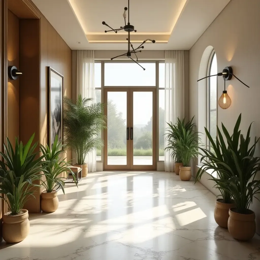 a photo of a spacious entrance hall with indoor plants and natural light