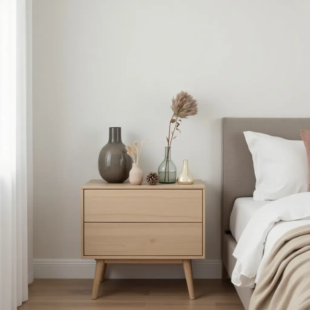 a photo of a minimalist nightstand with bohemian decorative objects