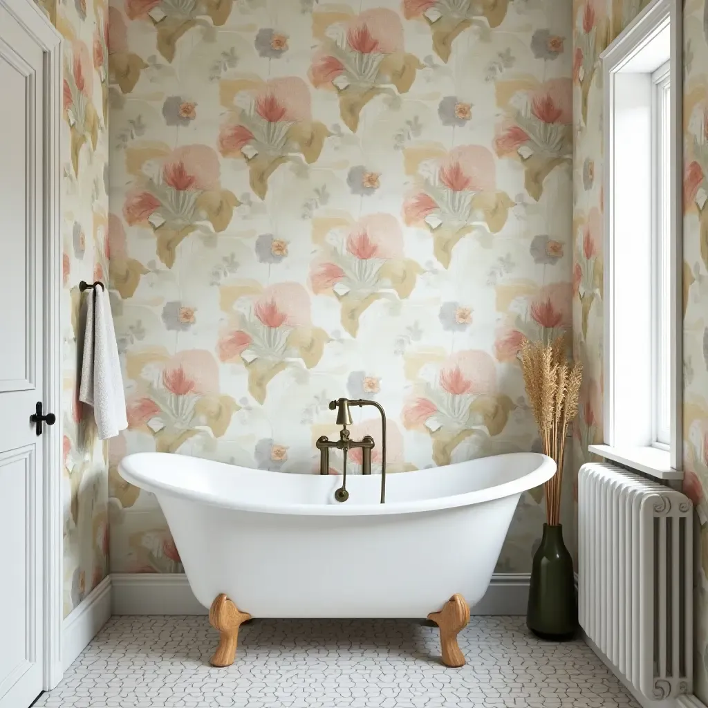 a photo of a botanical print wallpaper in a cozy bathroom