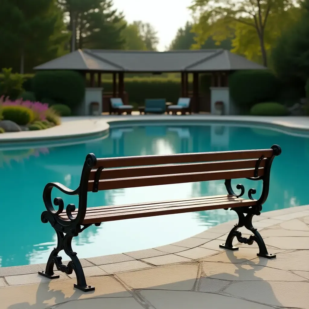 a photo of an antique metal bench overlooking a serene pool