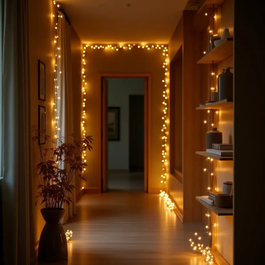 a photo of a cozy corridor with a wooden shelving unit and fairy lights