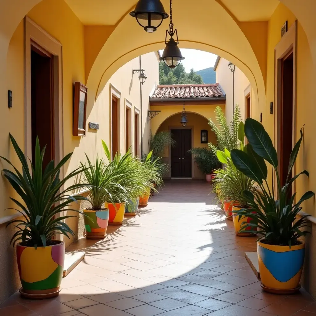 a photo of an artistic corridor with painted plant pots