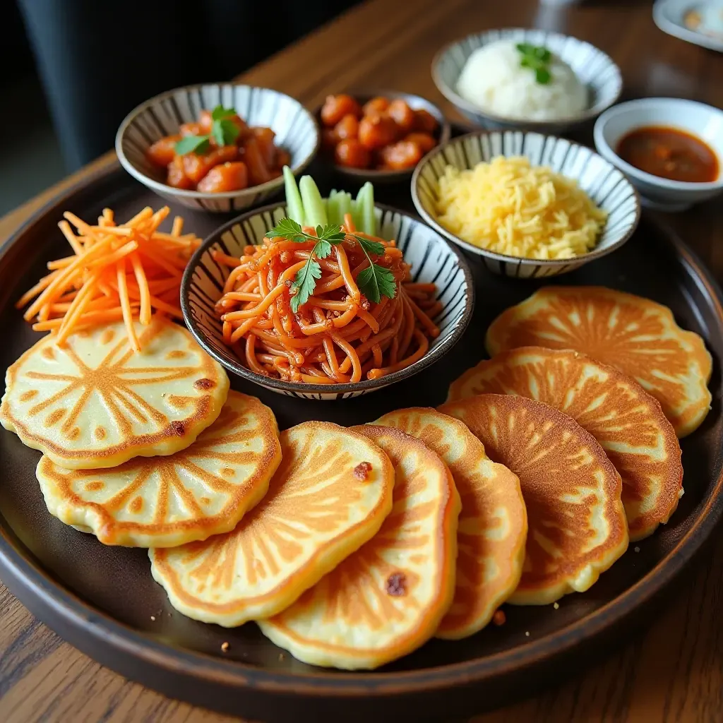 a photo of a colorful Korean breakfast spread with kimchi pancakes, rice, and side dishes.