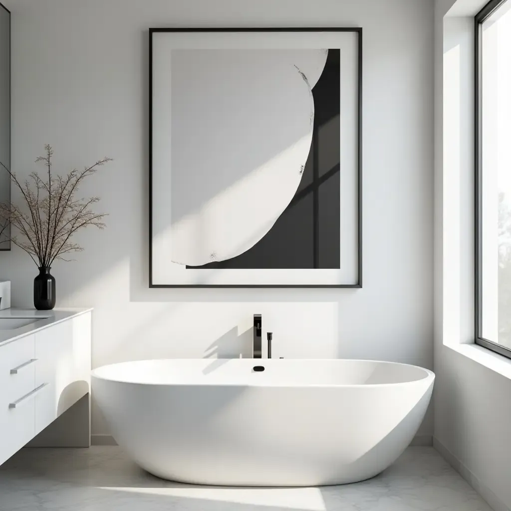 a photo of a minimalist black and white art piece in a bathroom