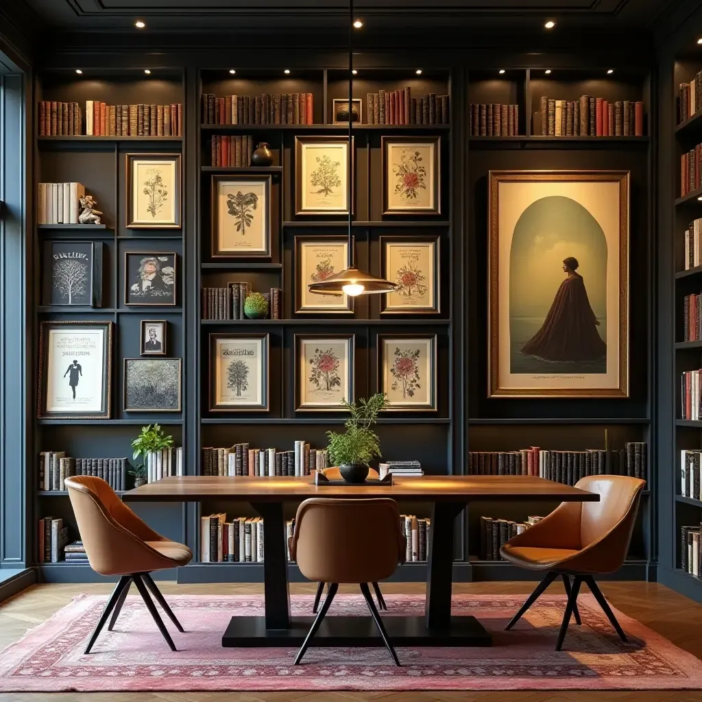 a photo of a library with a gallery wall of framed book covers and art