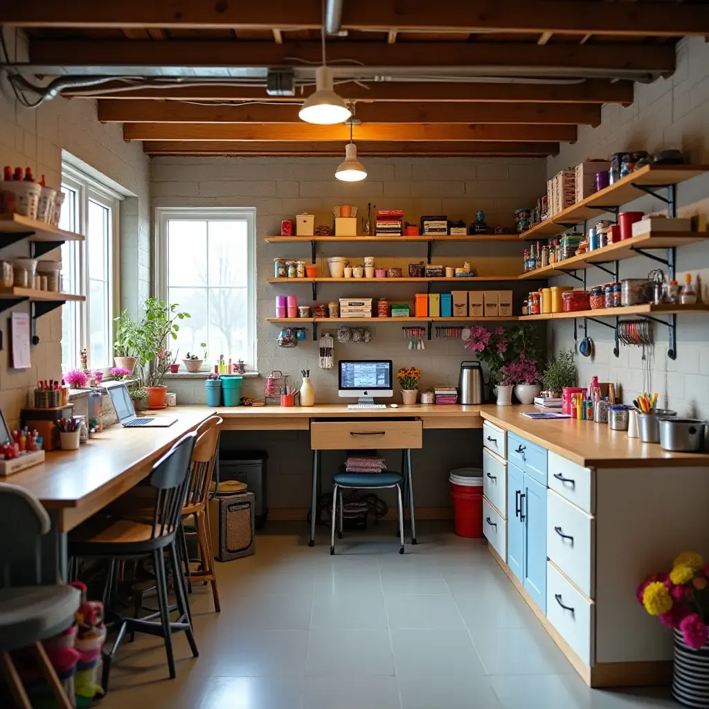 a photo of a colorful basement craft area with organized supplies