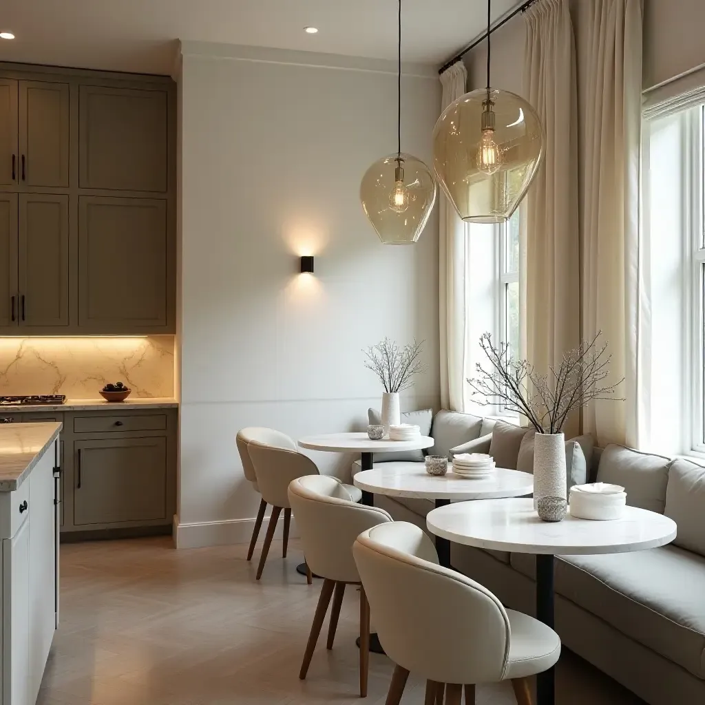 a photo of a cozy kitchen nook with marble tabletops and soft lighting