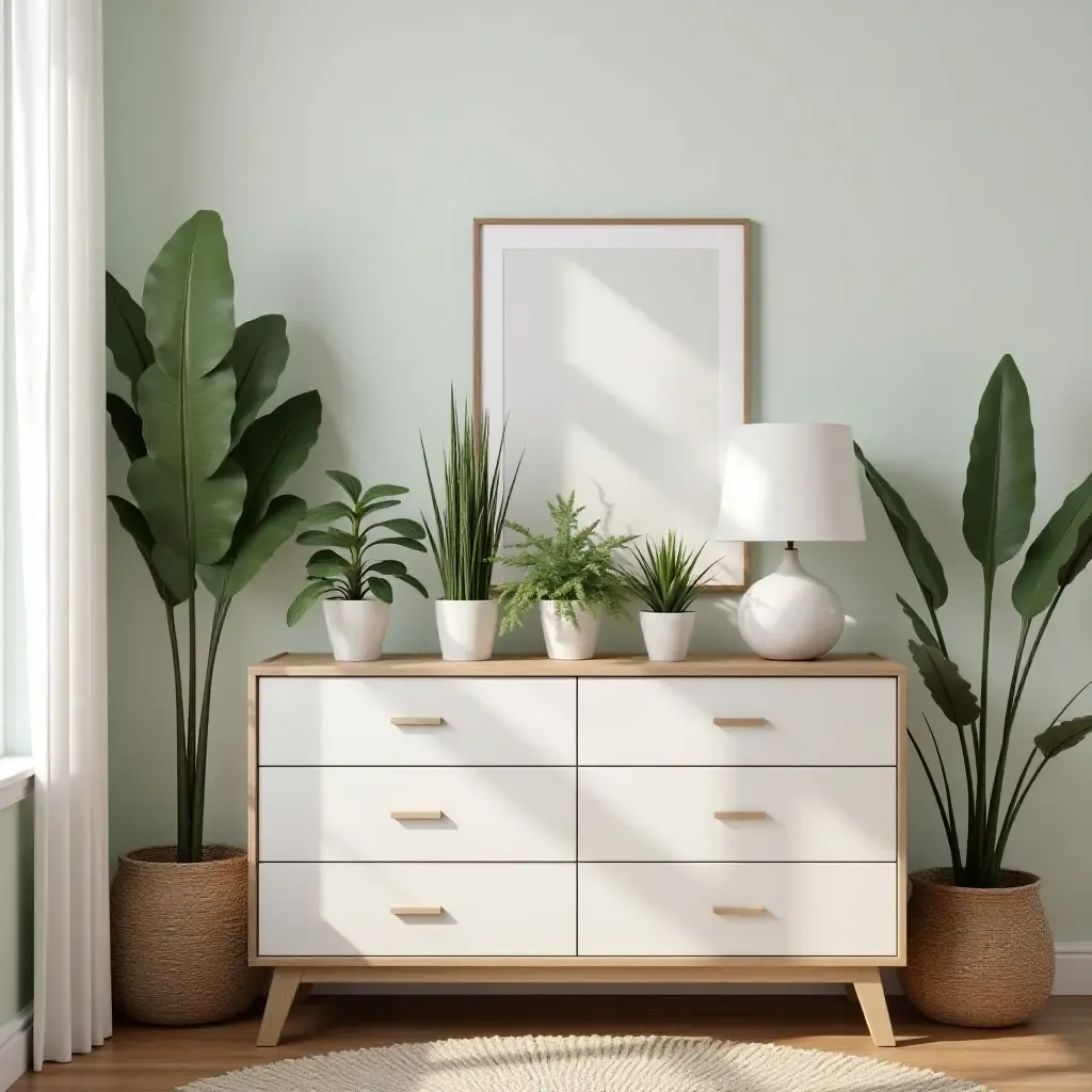 a photo of a nursery with a creative plant display on a dresser